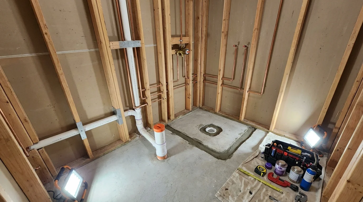 Bathroom rough-in plumbing during remodel by Johns Plumbing LLC in Woodland