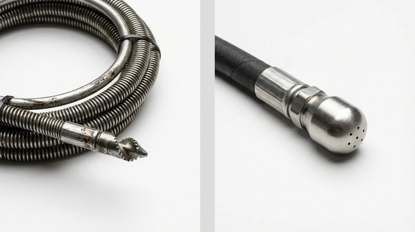 Drain snake cable and hydro jetting nozzle used for drain cleaning in Woodland, CA
