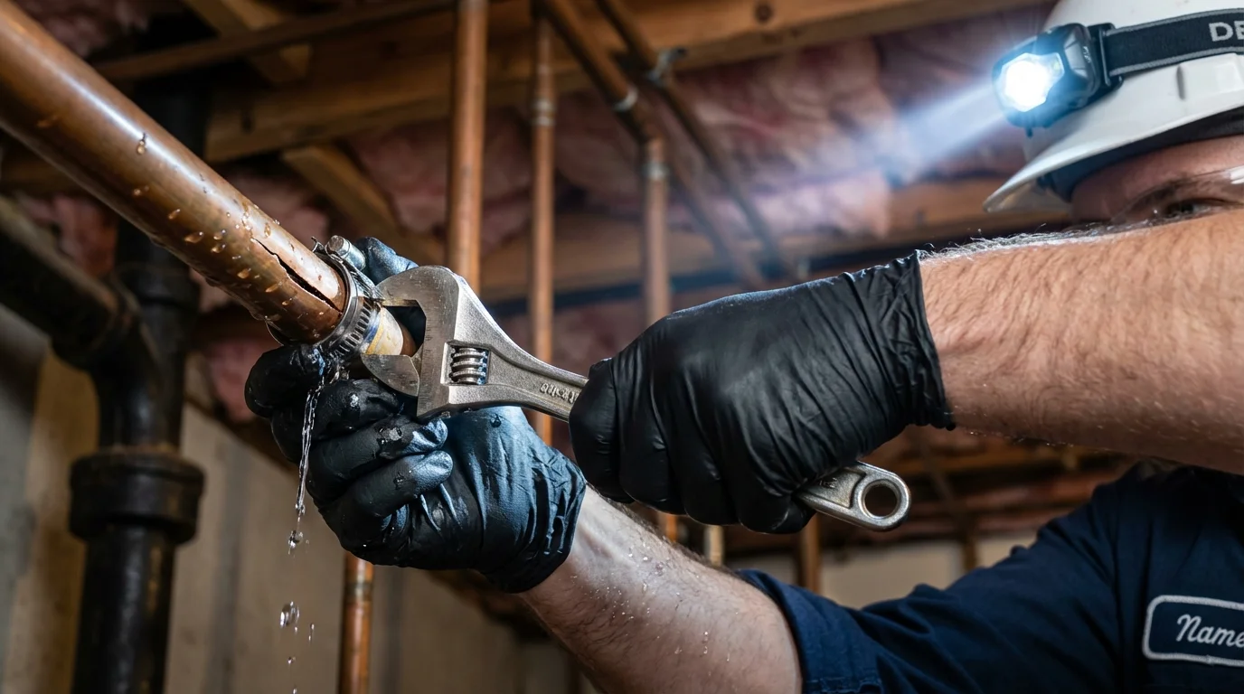 Emergency pipe clamp repair being performed by a Johns Plumbing LLC plumber in Woodland
