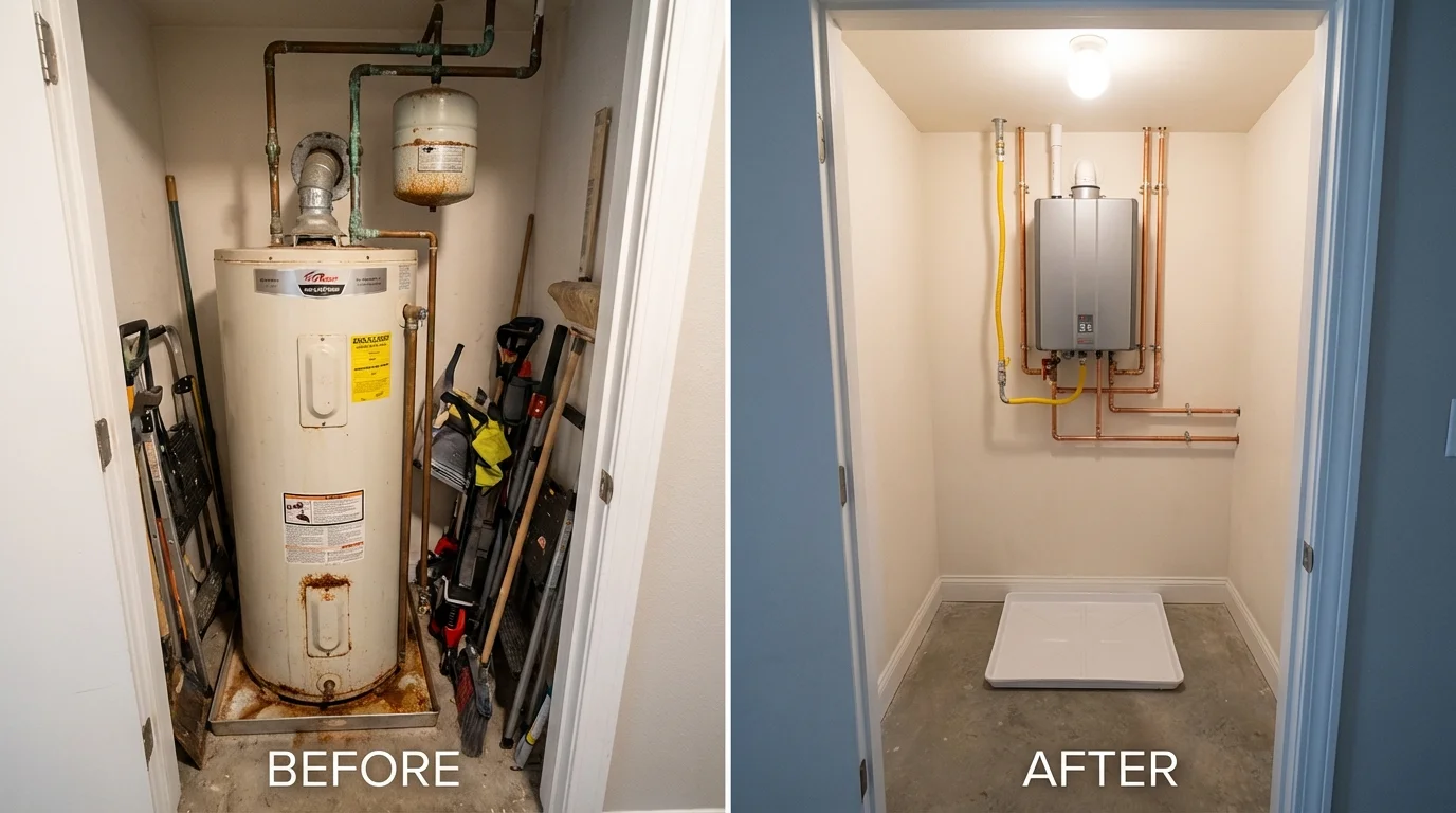 Tank water heater versus wall-mounted tankless unit comparison for Woodland, CA homeowners