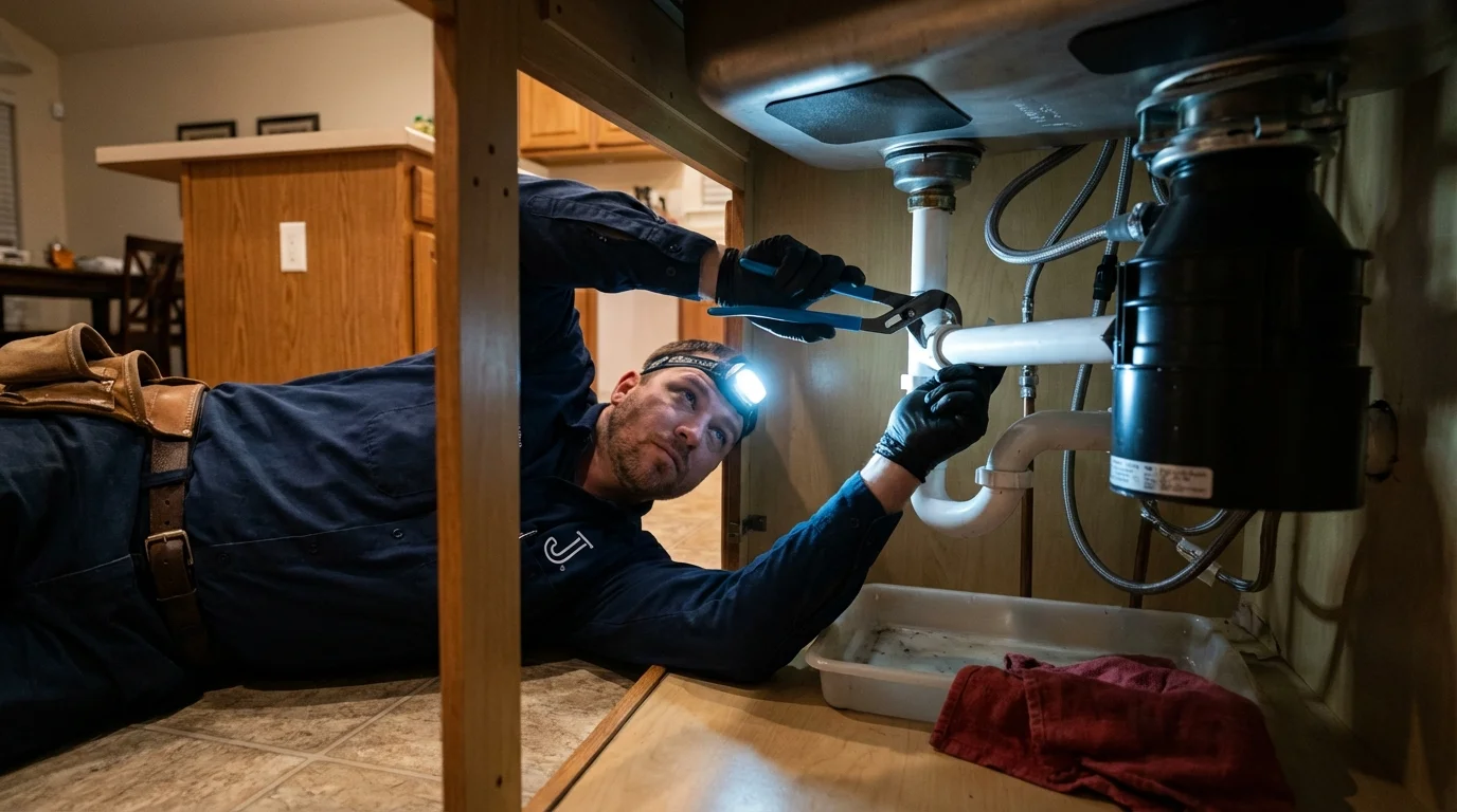 P-trap and supply line connections under a kitchen sink showing a common leak point in Woodland, CA
